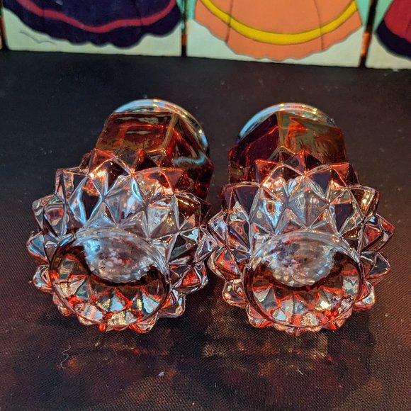 Beautiful Pair Indiana Glass Ruby Red And Crystal Diamond Point Candle Holders - Picture 9 of 11